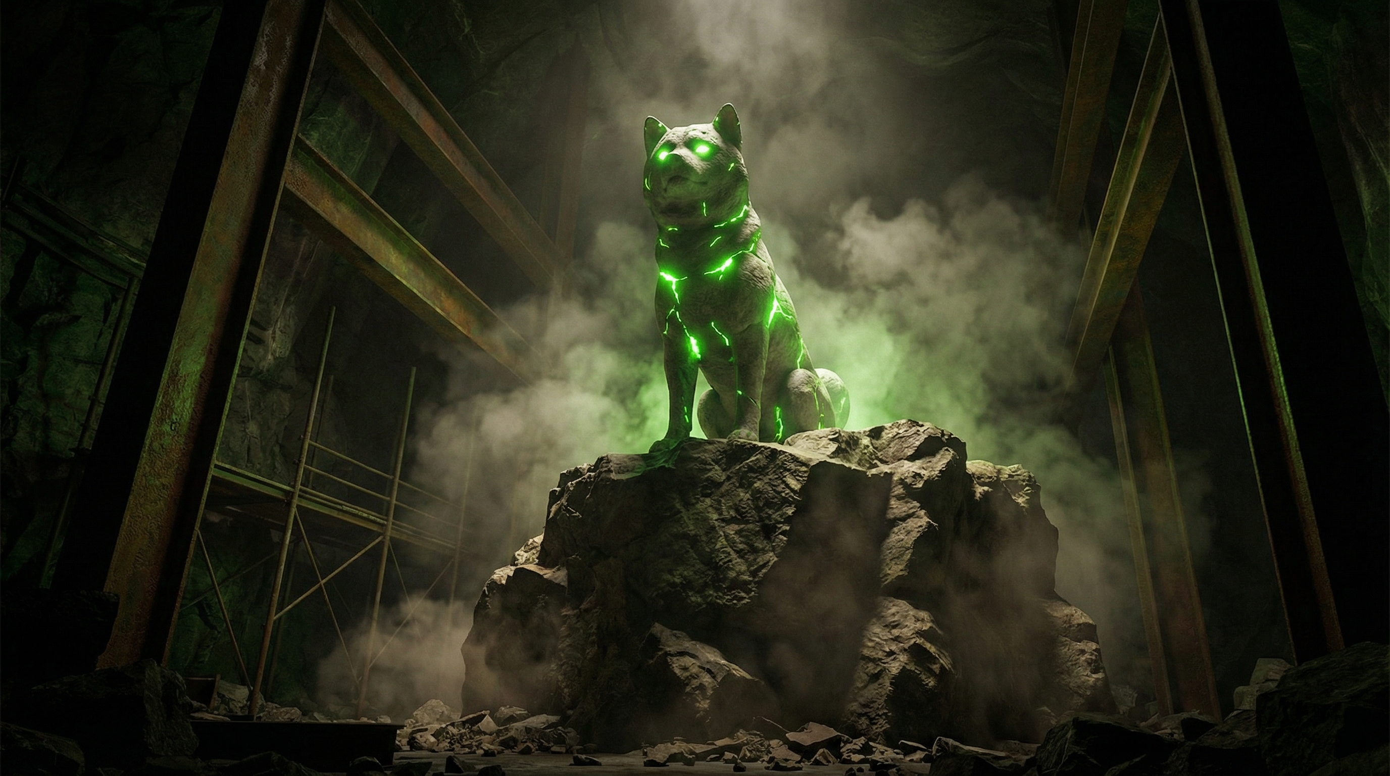 Uranium Inu - Radioactive dog statue with glowing green eyes